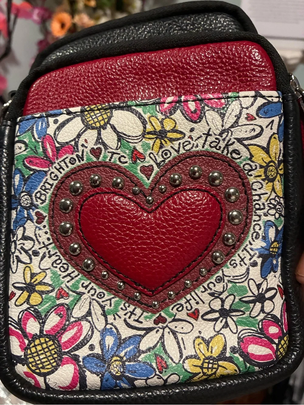Brighton-Leather Scribble Crossbody Bag in Red, Black and Floral
